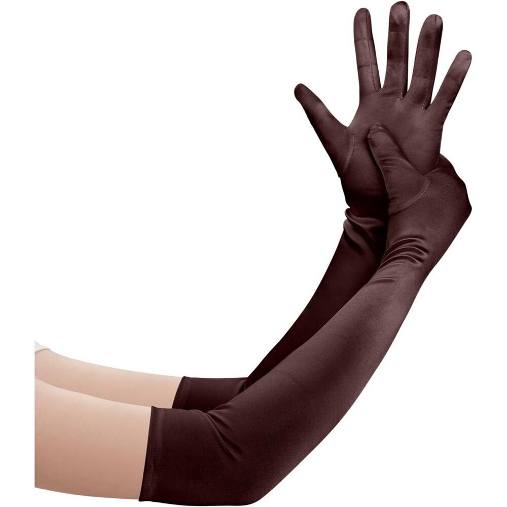 Women's Brown Long Satin Opera Fabric Gloves Party Tea Stretchy Elbow Length
